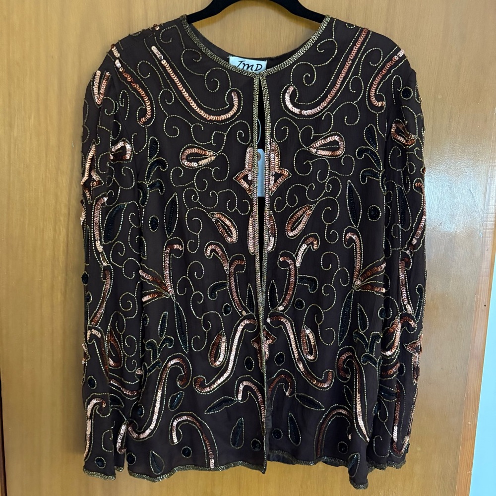 Vintage Silk Beaded Brown Jacket with Gold and Bronze Accents